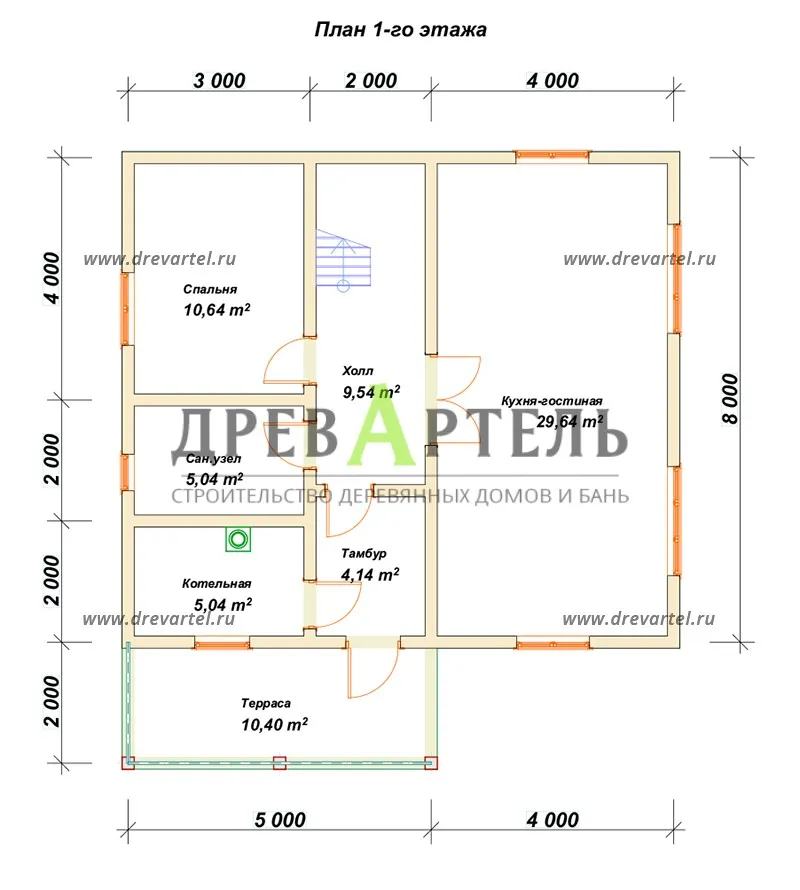 План 1-го этажа - Дом из бруса 8х9 с котельной