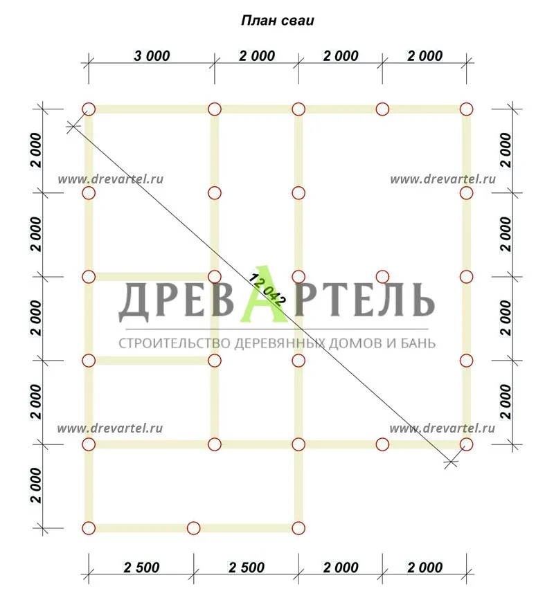 План свайного фундамента - Дом из бруса 8х9 с котельной