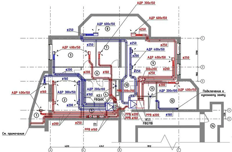 Чертеж системы воздуховодов и подключенного оборудования для одного этажа здания
